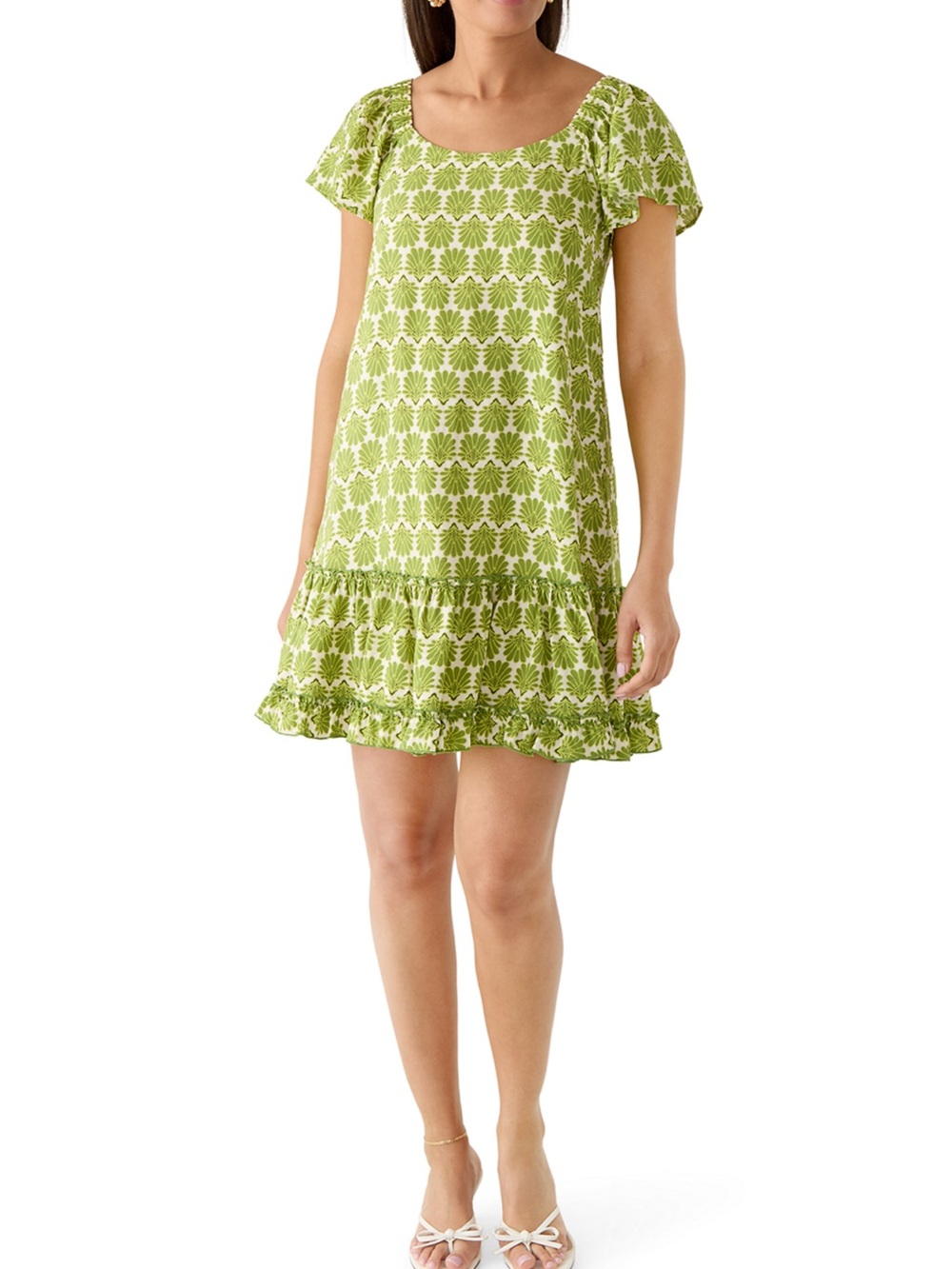 Signature by Robbie Bee Lime Green Printed Ruffle-Hem Mini Dress